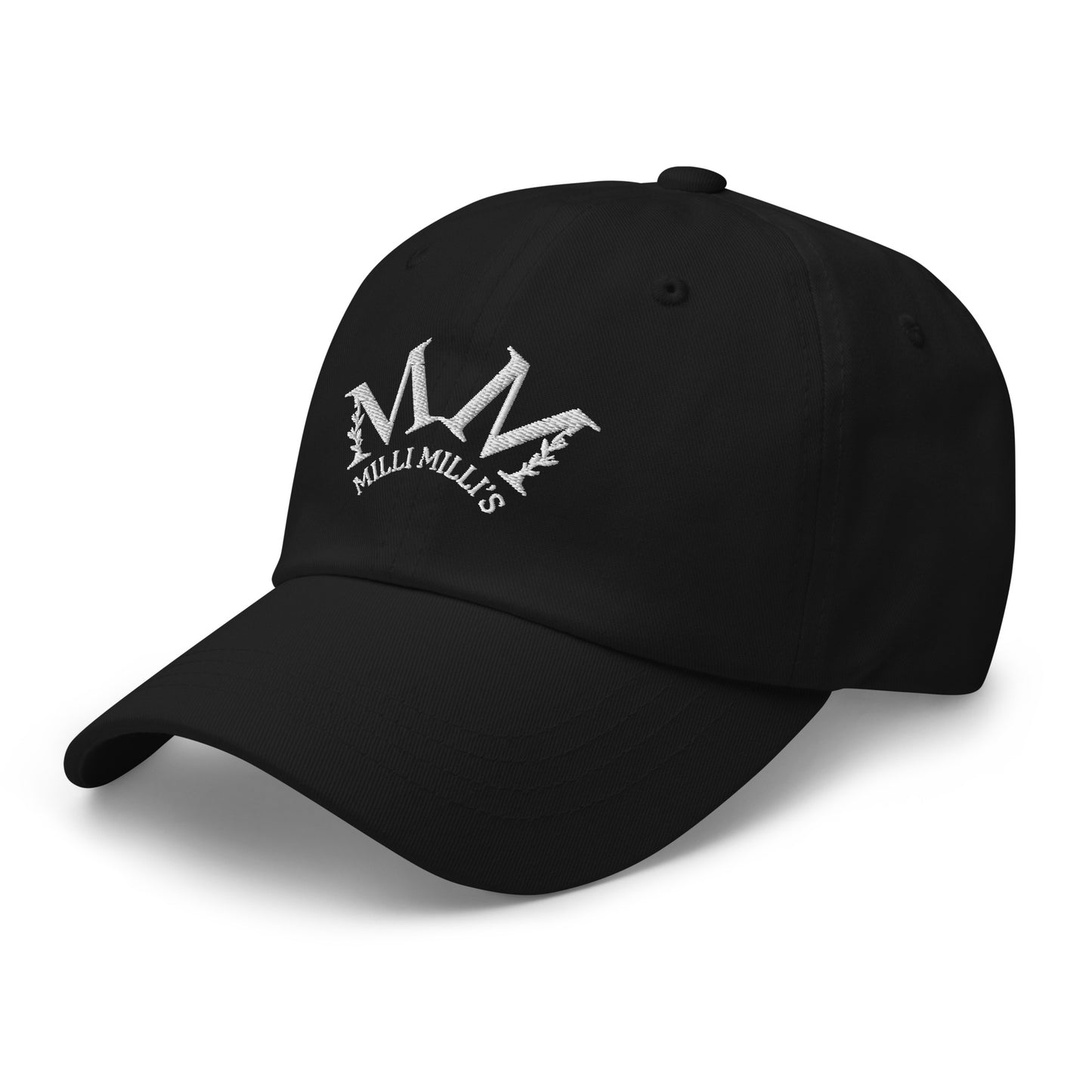 eine schwarze Mütze mit dem M M Logo darauf