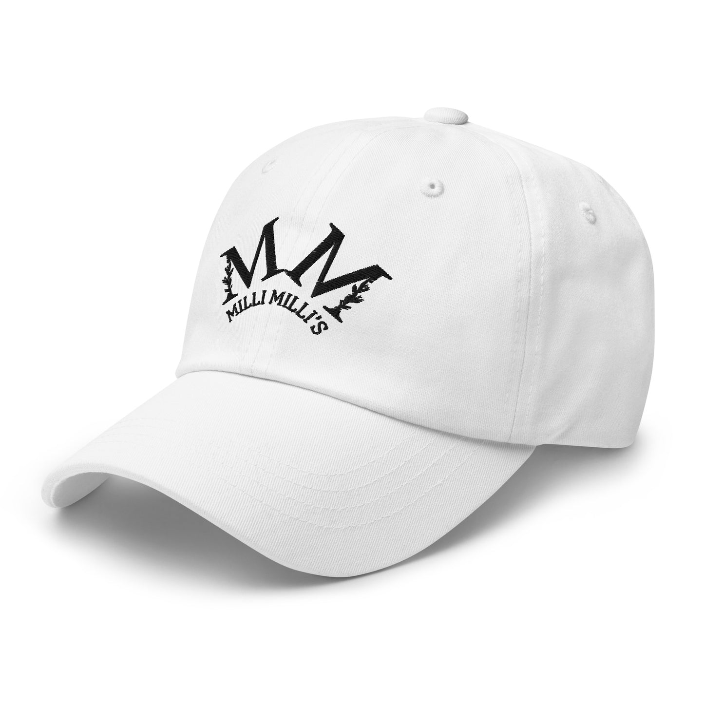 eine weiße Baseballkappe mit dem m m Logo darauf