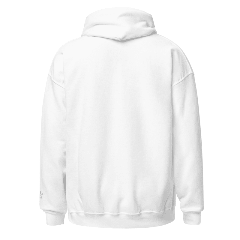 ein weißer Kapuzenpullover mit hochgezogener Kapuze