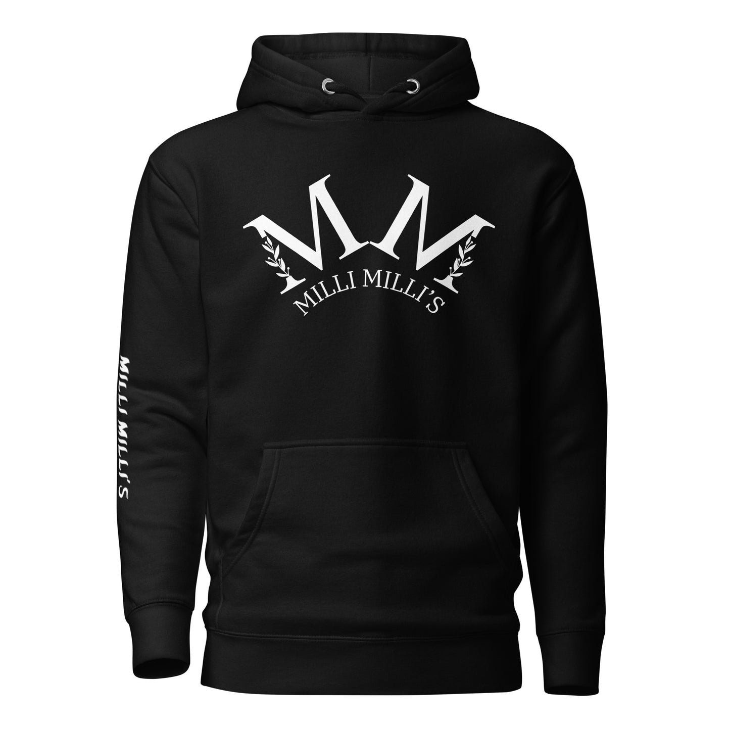 eine schwarze Kapuzenjacke mit einem weißen m darauf