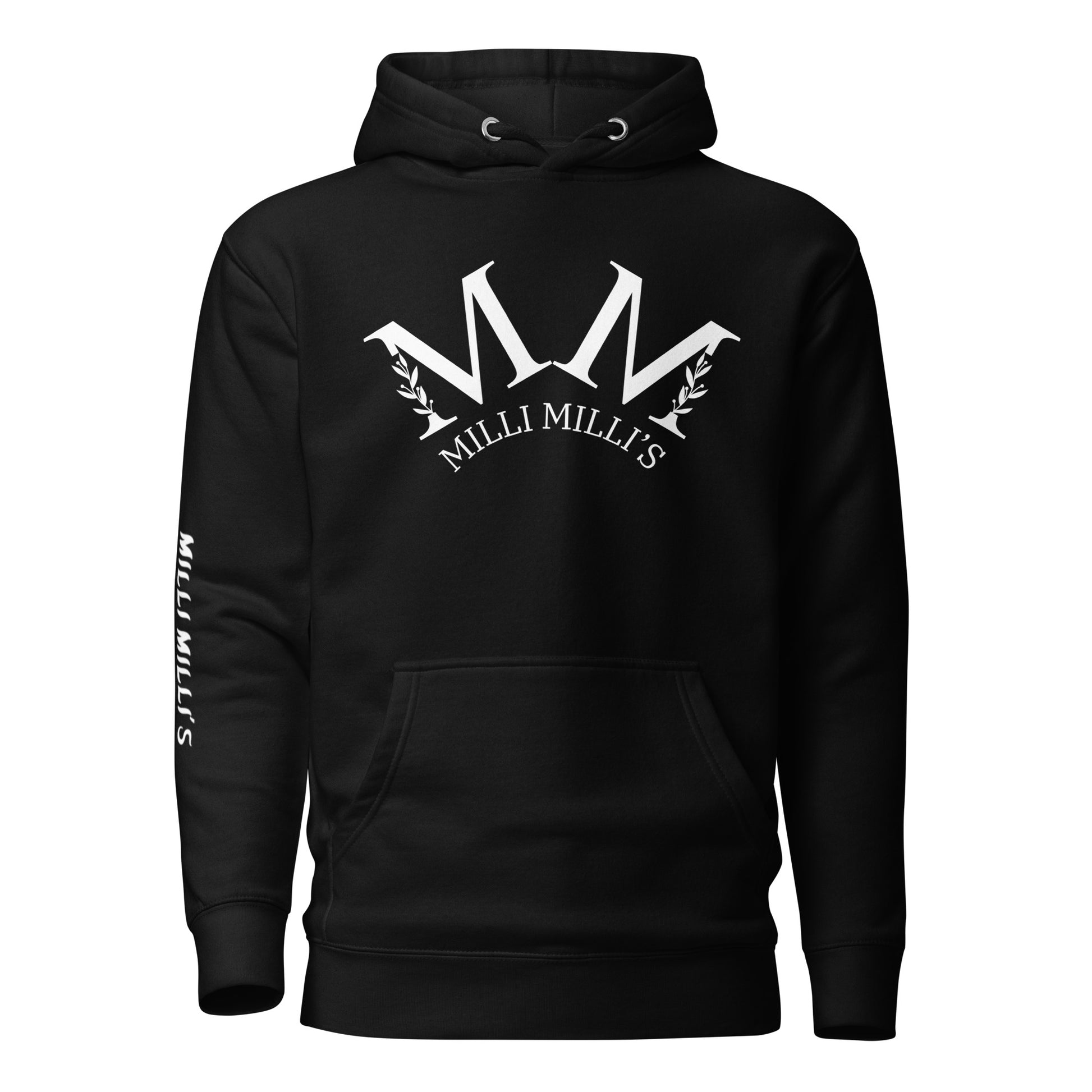 eine schwarze Kapuzenjacke mit einem weißen m darauf
