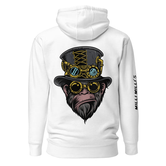 ein weißer Hoodie mit einem Affen, der einen Zylinder trägt