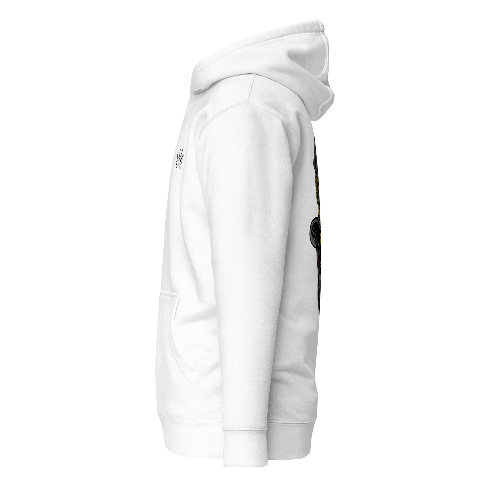 ein weißer Hoodie mit einem schwarzen Fleck auf der Brust